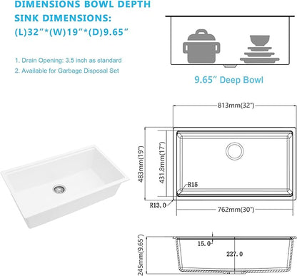 Kichae 32 Granite Composite Kitchen Sink - 32"x19" Grainte Kitchen Sink Workstation Undermount Quartz Sink White Deep Single Bowl Basin