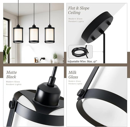 Black Pendant Lights Kitchen Island 3 Pack, Modern Kitchen Pendant Lighting Over Island with Milk Glass, Farmhouse Mini Hanging Light for Sink Dining Room, OS-3014-3PBK