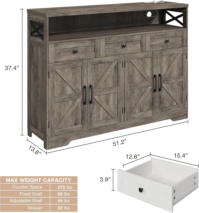 FiveWillowise 51" Farmhouse Buffet Sideboard with Storage, Kitchen Pantry Cabinet with Storage Drawers, Wood Cupboard Hutch, Coffee Bar Station Table for Kitchen, Living Room, Dining Room, Grey