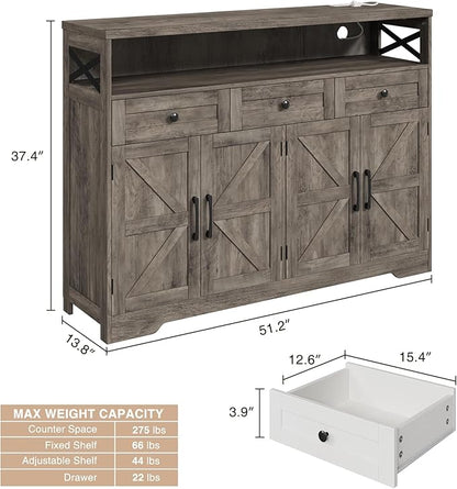 FiveWillowise 51" Farmhouse Buffet Sideboard with Storage, Kitchen Pantry Cabinet with Storage Drawers, Wood Cupboard Hutch, Coffee Bar Station Table for Kitchen, Living Room, Dining Room, Grey