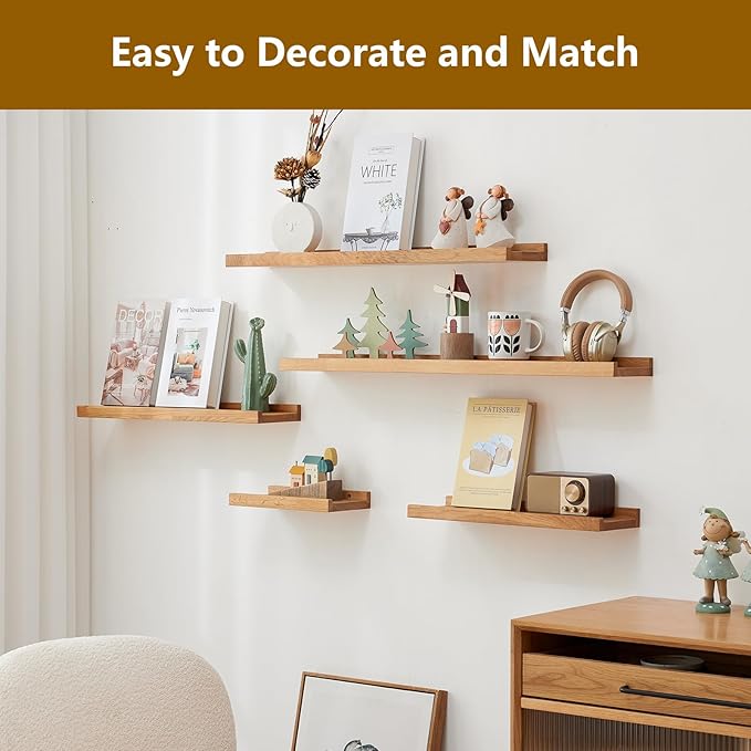 Oak Floating Shelves for Wall 16 Inch (Width 4"), Natural Wood Wall Shelves Display Picture Ledge Shelf for Living Room Bedroom Bathroom Kitchen Office Decor and Storage