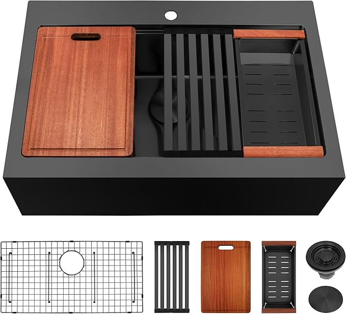 Rhbamoa 36 Inch Black Farmhouse Sink,16 Gauge T304 Black Single Bowl Apron Front Farm Sink,10 Inch Depth Topmount Farmhouse Kitchen Sinks with All Accessories