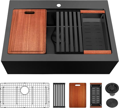 Rhbamoa 36 Inch Black Farmhouse Sink,16 Gauge T304 Black Single Bowl Apron Front Farm Sink,10 Inch Depth Topmount Farmhouse Kitchen Sinks with All Accessories