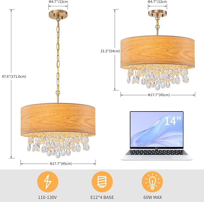 LumFurn D18inch Drum Wood K9 Crystal Chandeliers, 4-Light Boho Style Pendant Light Fixture for Dining Room, Living Room, D18 x 21~68"(Adjustable), Solid Wood Lampshade & Gold Finish