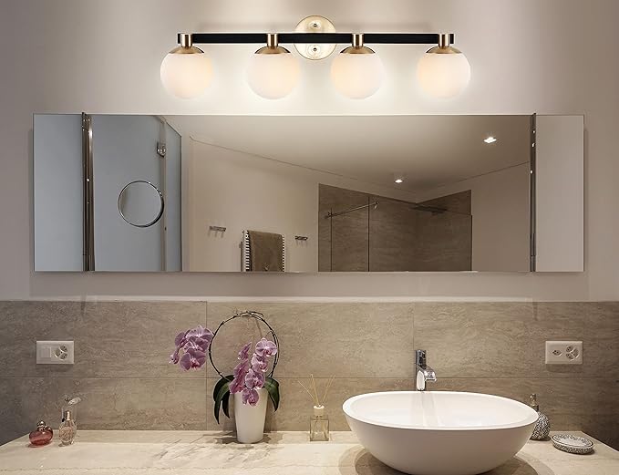 JONATHAN Y 34" Brass Gold/Black Modern Globe LED Vanity Wall Sconce Light, White Frosted Glass Shade, Mid-Century Art Deco Wall Lamp for Bathroom, Kitchen, Hallway (JYL3543A)