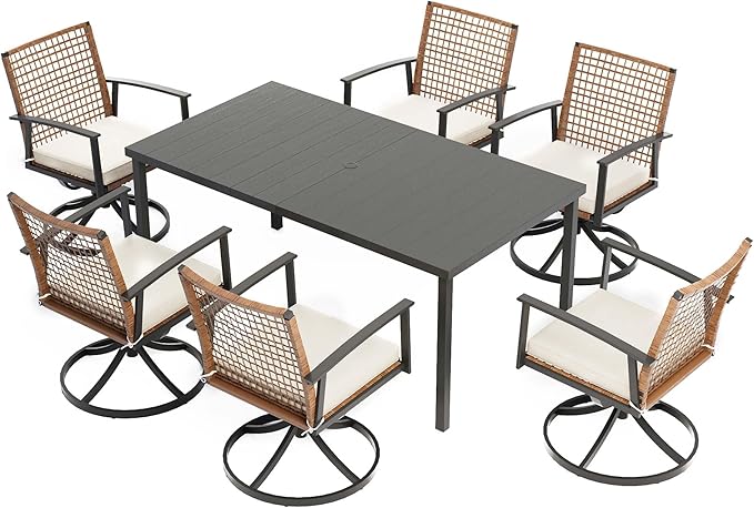 LAUSAINT HOME 7 Pieces Patio Dining Set, Outdoor Furniture Set of 6 Swivel Chairs with Soft Cushion and Iron Slats Table Top with Umbrella Hole, Conversation Set for Backyard