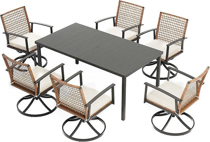 LAUSAINT HOME 7 Pieces Patio Dining Set, Outdoor Furniture Set of 6 Swivel Chairs with Soft Cushion and Iron Slats Table Top with Umbrella Hole, Conversation Set for Backyard