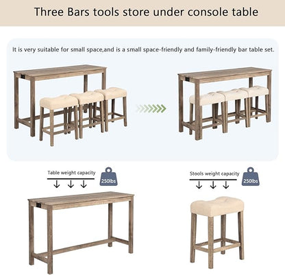 Knocbel Classic 3-Person Counter Height Bar Table Set with Power Outlet, 4-Piece Dinette Set with Padded Seat Stools, Apartment Condo Small Space Pub Bistro Dining Furniture (Brown, 59")