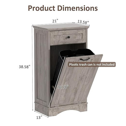 13 Gallons Tilt Out Trash Cabinet Freestanding Kitchen Trash Bin Cabinet Wood Garbage Recycling Cabinet with Hideaway Drawer Pet Proof Trash Can Holder for Kitchen Living Room, Grey
