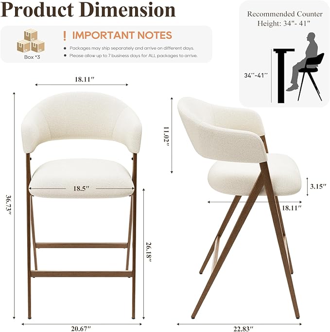 COLAMY Bar Stools Set of 6, Counter Height Bar Stools with Backs and Arms, Modern Upholstered Island Stools with Metal Legs for Kitchen Island, Counter, Dining Room, Beige