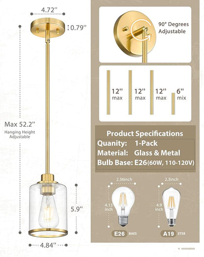 Beionxii Brushed Gold Pendant Lights Kitchen Island, Modern Kitchen Pendant Lighting Over Island, Hanging Lights with Clear Glass for Sink, Dining Room, Entryway, BX-PL02BG-CG (Only 1-Pack)