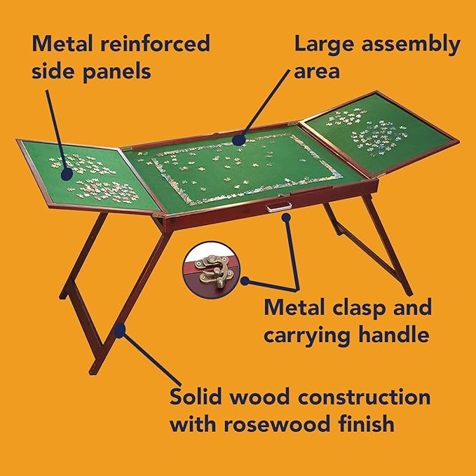 Bits and Pieces Fold-and-go Wooden Jigsaw Puzzle Table with Legs Folding Puzzle Board 1500 Pieces, Non-Slip Top, Carry Handle, 2 Felt Sorting Areas 66" x 25" Work Surface