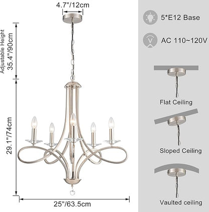Modern Brushed Nickel Finish Chandeliers, 5-Lights Farmhouse Candle Scroll Arms Dining Room Light Fixture Industrial Ceiling Hang Light Fixture