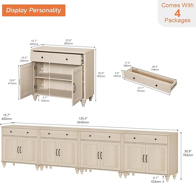 WAMPAT Buffet Cabinet with 8 Doors and 4 Drawers, Large Coffee Bar Table Wood Kitchen Storage Cabinets with Storage Cabinets, Modern Farmhouse Sideboard Credenza for Dining Room, Beige, 136 inch
