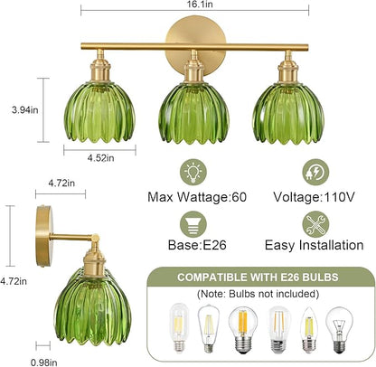 Gold Bathroom Light Fixtures Over Mirror, 3 Light Bathroom Vanity Light Fixture with Tulip Green Glass Lampshade, Vintage Vanity Lights for Bathroom, Bathroom Vanity Lights Over Mirror