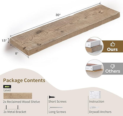 FLYJOE Floating Shelves, 8 Inch Deep Rustic Solid Reclaimed Wood Wall Shelves for Storage, Wall Mounted Display Shelving with Invisible Heavy-Duty Metal Bracket, 30 Inch Width Set of 2, Natural