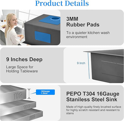 PEPO 23 Inch Undermount Kitchen Sink Black 23x18 Inch 16 Gauge Gunmetal Black Stainless Steel Single Bowl Bar Prep Sink for Outdoor Kitchen