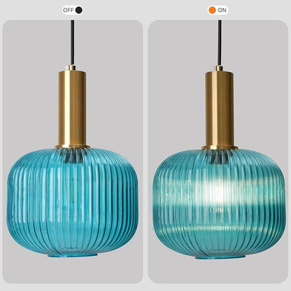 2 Pack Plug in Pendant Light, Blue Ribbed Glass Hanging Light Fixture with 14.76Ft Cord and On/Off Switch, Coastal Hanging Lamp Plug in for Kitchen Dining Room Bedroom Beach House