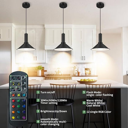 2 Pack Battery Operated Pendant Lights,Rechargeable Pendant Light with Remote,Black Pendant Light Fixtures for Kitchen island,Modern Industrial hanging Lights for Dining Room Hallway Entryway Bedroom