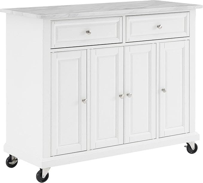 Crosley Furniture Avery Rolling Kitchen Island Storage Cart with Shelves, Microwave Stand, Coffee Bar, Distressed White