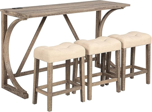 HMFULE 59'' Industrial 4 Piece Bar Table Set with Power Outlet, 3 Padded Stools for Kitchen, Living Room, Dining Room, Brown