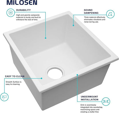 MILOSEN White Bar Sink 13×15 Inch, Undermount Wet Bar Prep Sink for RV Kitchen, Single Bowl Granite Composite Design with Custom Accessories, 9'' Deep White Quartz Small Bar Sinks