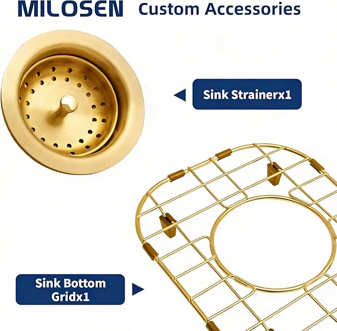 MILOSEN 15 x 15 inch Gold Drop in Bar Sink, T304 Stainless Steel Topmount RV Small Kitchen Sinks, Gold Deep Outdoor Single Bowl Wet Bar&Prep Sinks with Strainer, Brushed Nickel