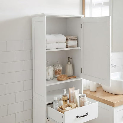 Casaphoria Tall Bathroom Storage Cabinet, 65" H Narrow Floor Cabinet with 2 Barn Doors and 1 Drawer, Freestanding Linen Tower with Adjustable Shelves, Anti-Tipping, White
