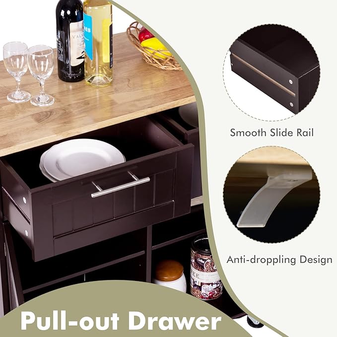 COSTWAY Kitchen Island on Wheels, Kitchen Cart with Side Towel Bar, 2 Drawers, 2 Door Cabinet, Rolling Storage Trolley Cart with Rubber Wood Top & Lockable Casters (Brown)