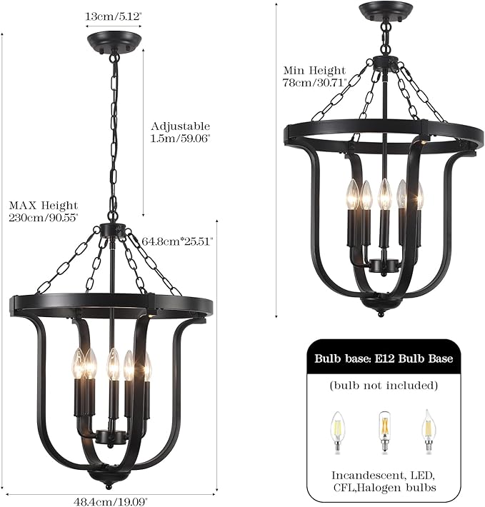 Black Farmhouse Chandelier 5-Light, 19” Industrial Lantern Chandelier Entryway Light Fixture, Metal Cage Rustic Hanging Pendant Lighting Fixture for Foyer Kitchen Dining Room Living room Hallway