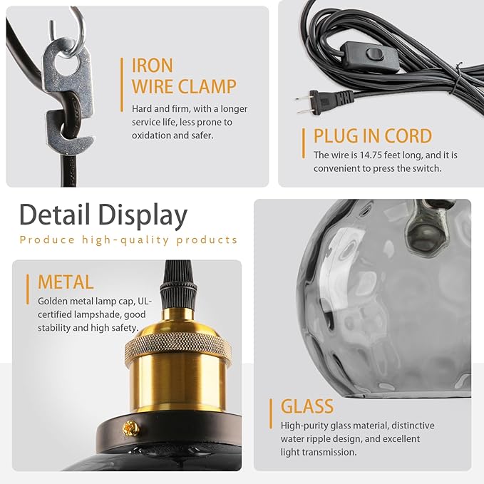 Hanging Lamp Smoke Gray Glass Pendant Light Plug in Hammered Glass Globe Pendant Lights Kitchen Island Plug in Ceiling Light with Cord Vintage Hanging Pendant Lamps for Living Room Bedroom