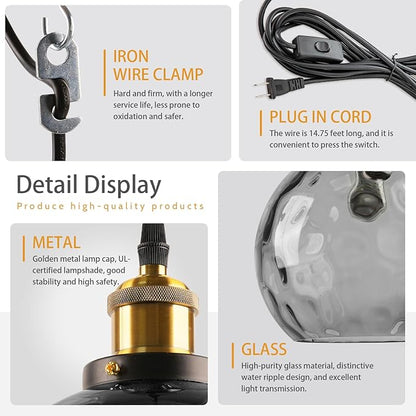 Hanging Lamp Smoke Gray Glass Pendant Light Plug in Hammered Glass Globe Pendant Lights Kitchen Island Plug in Ceiling Light with Cord Vintage Hanging Pendant Lamps for Living Room Bedroom