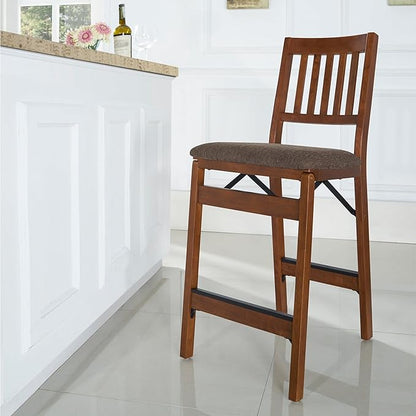 MECO Stakmore Solid Wood Dining Table Counter Stools Set - Fabric Padded Upholstered Seat & Steel Folding Mechanism, Fruitwood Frame & Jax Fabric