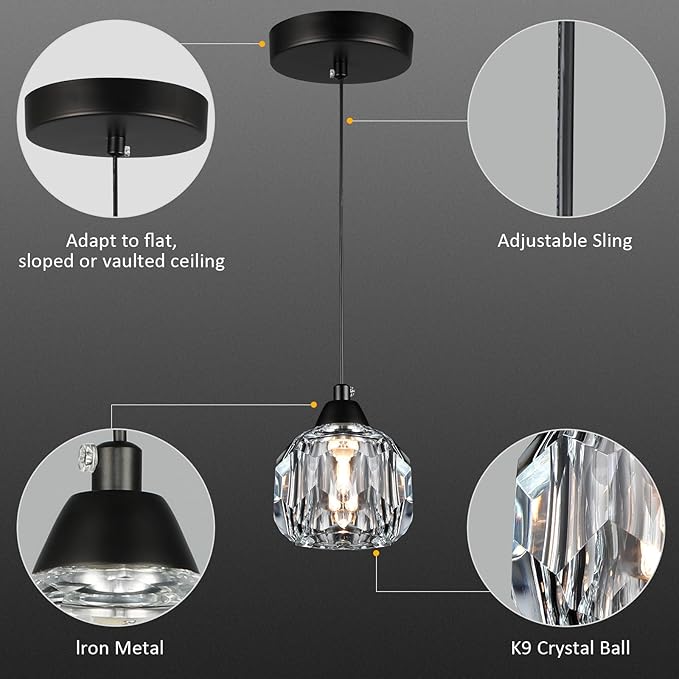 Weesalife Crystal Chandeliers for Dining Room Lights Fixture Over Table, 1-Light Black Modern Pendant Light Fixture，Crystal Pendant Lighting for Kitchen Island Bathroom Bar