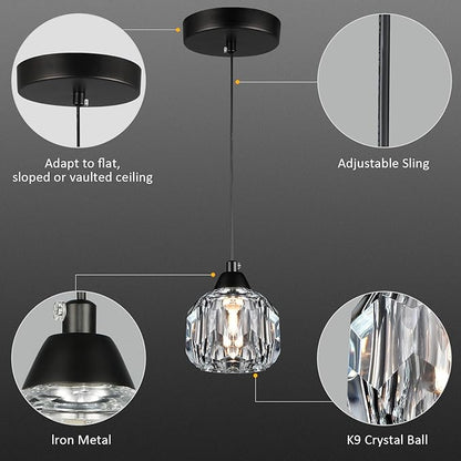 Weesalife Crystal Chandeliers for Dining Room Lights Fixture Over Table, 1-Light Black Modern Pendant Light Fixture，Crystal Pendant Lighting for Kitchen Island Bathroom Bar