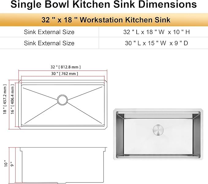 32 Inch Undermount Kitchen Sink, 16 Gauge T-304S Stainless Steel Workstation Sink with Accessories, 32" x 18" x 10" Large and Deep Single Bowl Kitchen Sink for Home, Kitchen and Outdoor