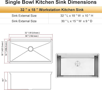 32 Inch Undermount Kitchen Sink, 16 Gauge T-304S Stainless Steel Workstation Sink with Accessories, 32" x 18" x 10" Large and Deep Single Bowl Kitchen Sink for Home, Kitchen and Outdoor