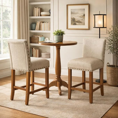 Homepop Home Decor | Backless Nailhead Trim Counter Height Bar Stools | 24 Inch Bar Stools | Decorative Home Furniture (Natural Linen)
