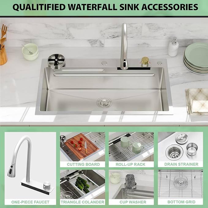 33 Inch Waterfall Kitchen Sink - Beslend 33x19 Drop In Waterfall Sink Workstation Smart Sinks 16 Gauge Stainless Steel Single Bowl Single Dish Basin with Faucet Combo