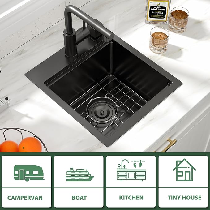 15 Inch Black Drop In Bar Sink Outdoor Kitchen Sink Workstation 16 Gauge Stainless Steel Single Bowl Small Sinks With Pull-out Faucet 15"x17"x9"