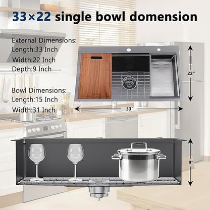 33 Inch Black Drop In Kitchen Sink, 33x22 Top Mount Workstation Handmade 16 Gauge Single Bowl Stainless Steel Sink with cutting board, dish grid, dish drainer and basket strainer