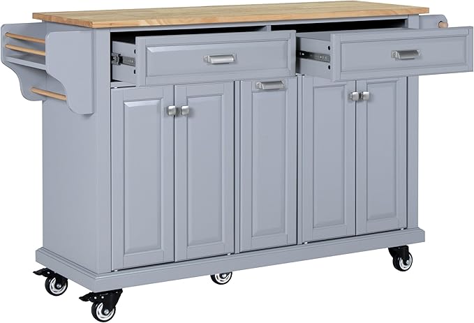 GOWE Kitchen Island with Rubber Wood Countertop, Kitchen Cart on 5 Wheels with Storage Cabinet and 2 Top Drawers and A Center Double Layered Storage Drawer for Dinning Room, Grey