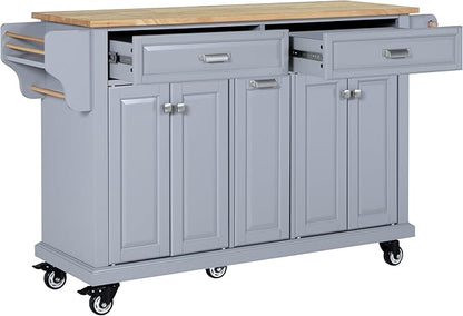 GOWE Kitchen Island with Rubber Wood Countertop, Kitchen Cart on 5 Wheels with Storage Cabinet and 2 Top Drawers and A Center Double Layered Storage Drawer for Dinning Room, Grey