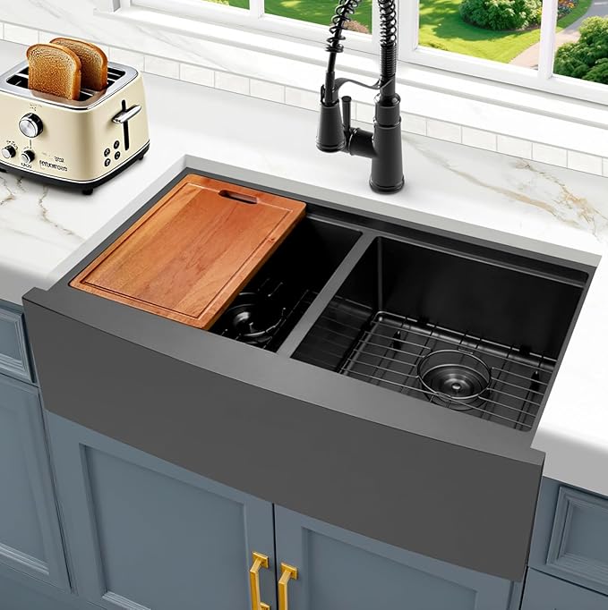 Black Farmhouse Sink 33" X 20",Black Kitchen Sink Double Bowl,33 inch Apron-Front Farmhouse Workstation Sinks,16 Gauge Stainless Steel Double Kitchen Sink