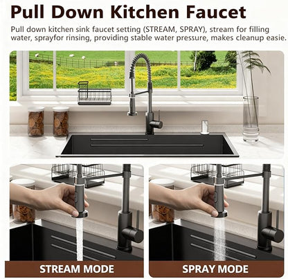 Black Kitchen Sink Drop-in with Accessories: 28x18 Workstation Sink Drop-in Kitchen Sink Stainless Steel Deep Single Bowl with Cutting Board & Pull-out Faucet for Family Kitchen