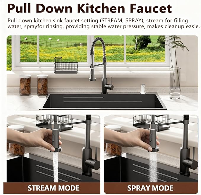 Black Kitchen Sink Drop-in with Accessories: 32x19 Workstation Sink Drop-in Kitchen Sink Stainless Steel Deep Single Bowl with Cutting Board & Pull-out Faucet for Family Kitchen