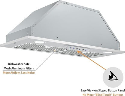 Awoco 11-3/4"D Built-in/Insert Stainless Steel Range Hood, 4-Speed, 600 CFM, LED Lights, Mesh Filters for Wood Hood (36"W 12"D Mesh Filters)