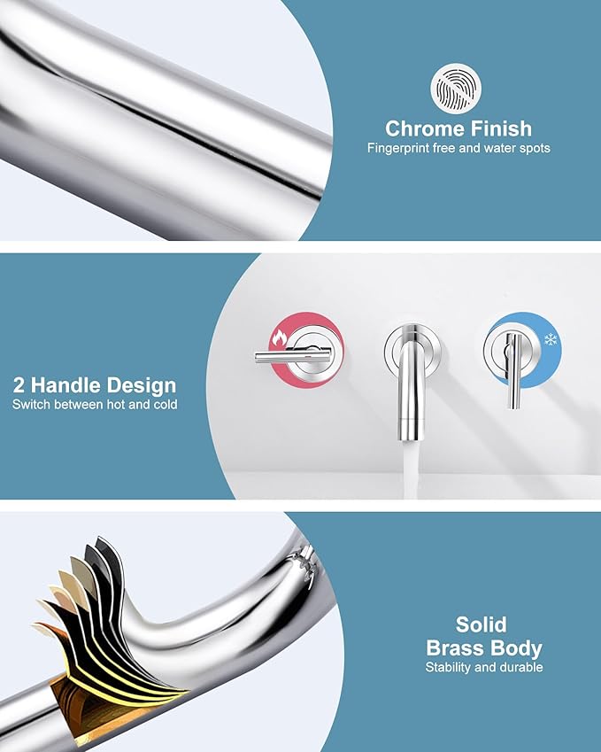 Wall Mount Bathroom Faucet - WOWOW Chrome Bathroom Sink Faucet - 2 Handle Wall Mount Vessel Sink Faucet 3 Holes Elegant Classic Spout Rough in Brass Valve Included