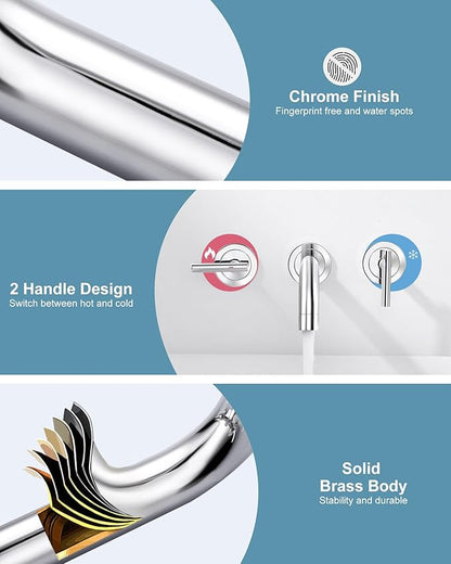 Wall Mount Bathroom Faucet - WOWOW Chrome Bathroom Sink Faucet - 2 Handle Wall Mount Vessel Sink Faucet 3 Holes Elegant Classic Spout Rough in Brass Valve Included