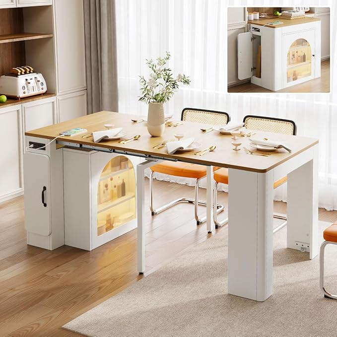 Mobile Extendable Dining Table with 3 Removable Middle Leaves and Power Outlets for 2-5 People, Kitchen Island with Storage Cabinet and Drawers, Kitchen Island Cart for Dining Room (White)
